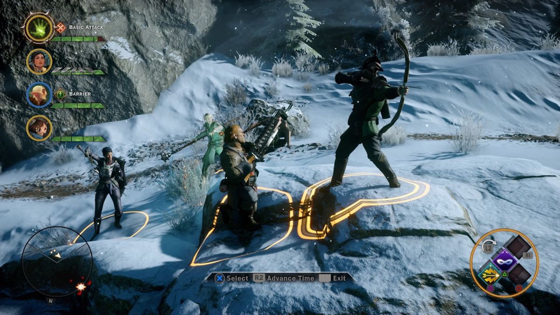 Attacking enemies in the snow in Dragon Age Inquisition (2014)