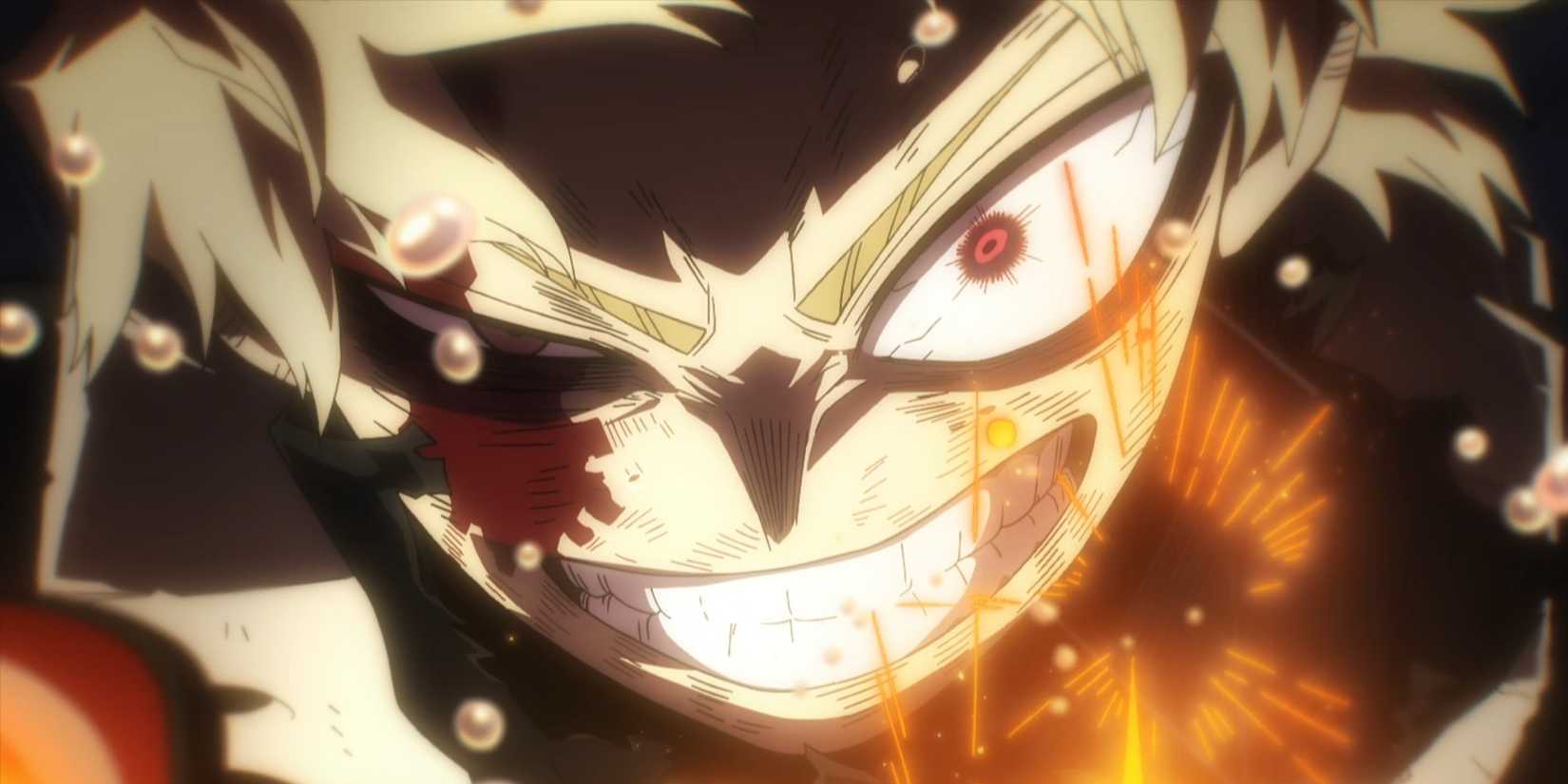 Bakugo tersenyum lebar saat bertarung menunjukkan kekuatannya.