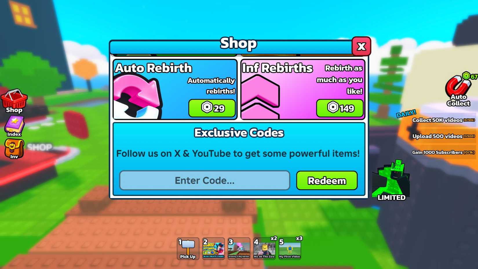 Be a YouTuber the codes tab