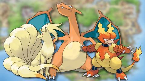 A collage of three Fire-type Pokemon that can be found in Pokemon FireRed And LeafGreen: Ninetales, Charizard and Magmar.