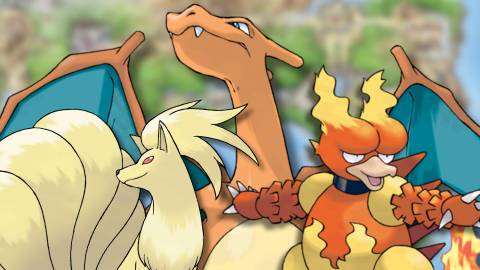 A collage of three Fire-type Pokemon that can be found in Pokemon FireRed And LeafGreen: Ninetales, Charizard and Magmar.