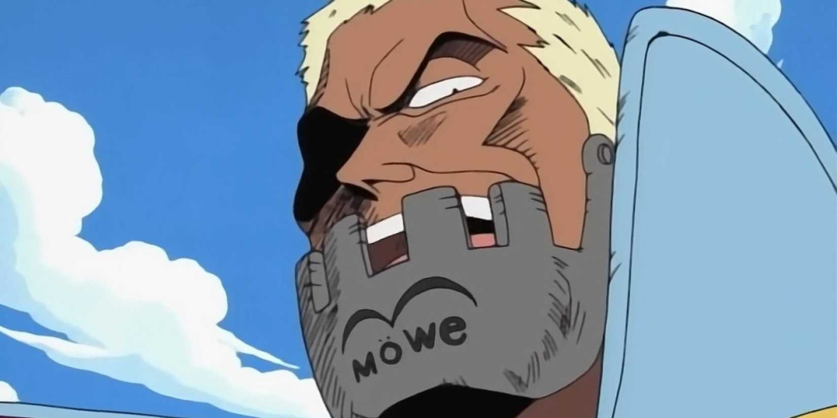 Captain Morgan is talking against a blue sky.