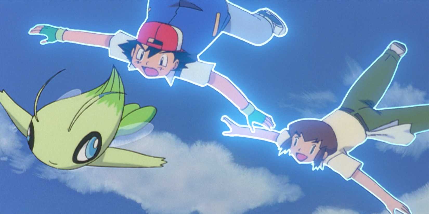 Celebi flying in the sky with Ash and Sam.