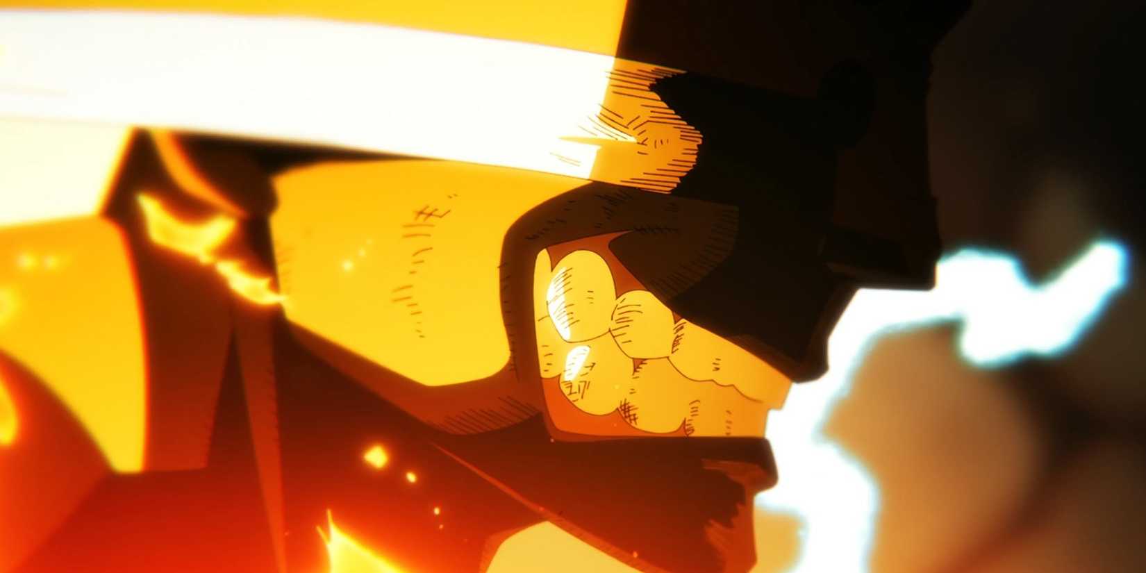 Charon bares his teeth while surrounded by fire.