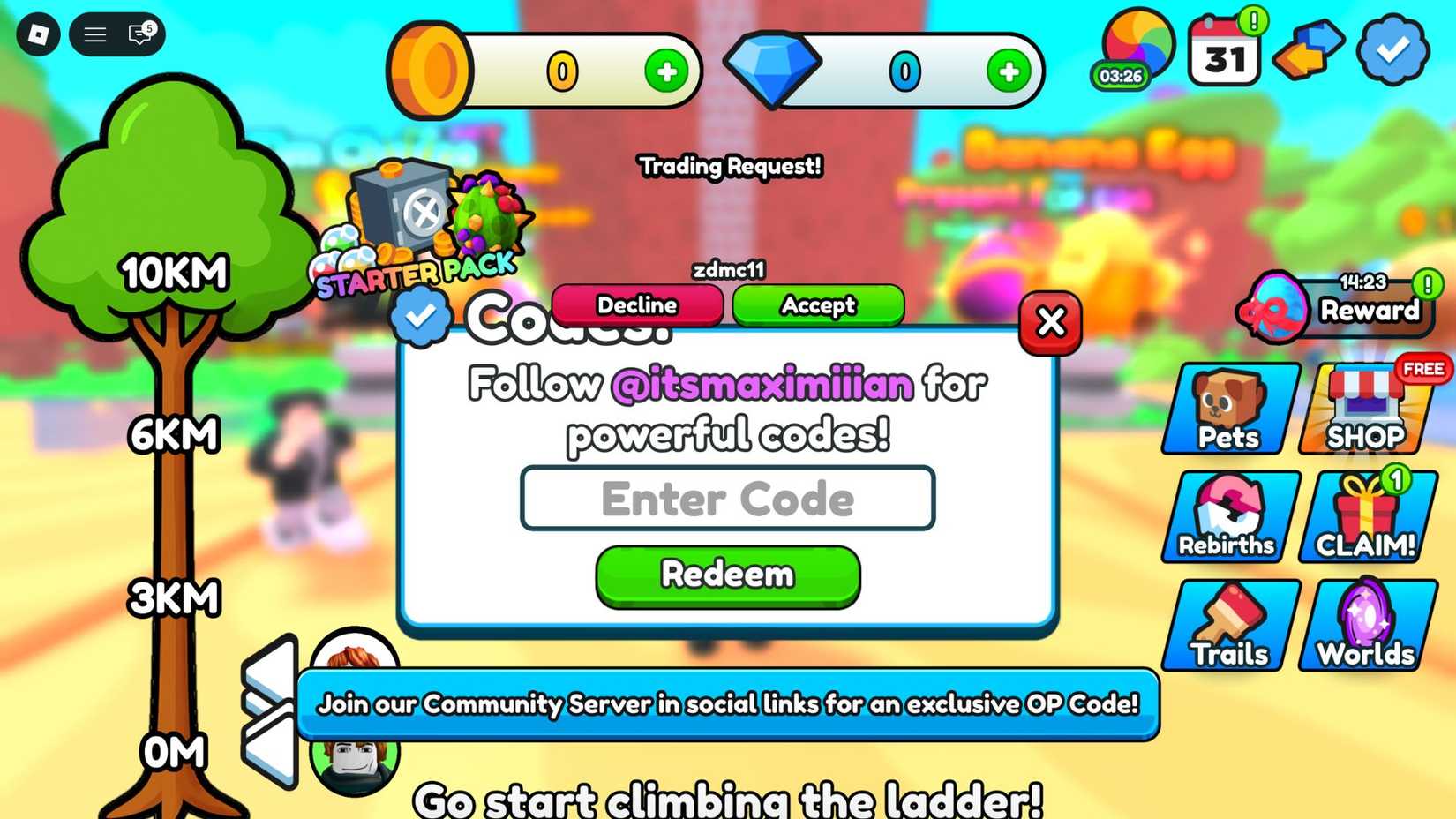 Climb to Infinity the codes tab