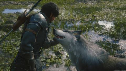 Clive petting Torgal in Final Fantasy 16 (2023)