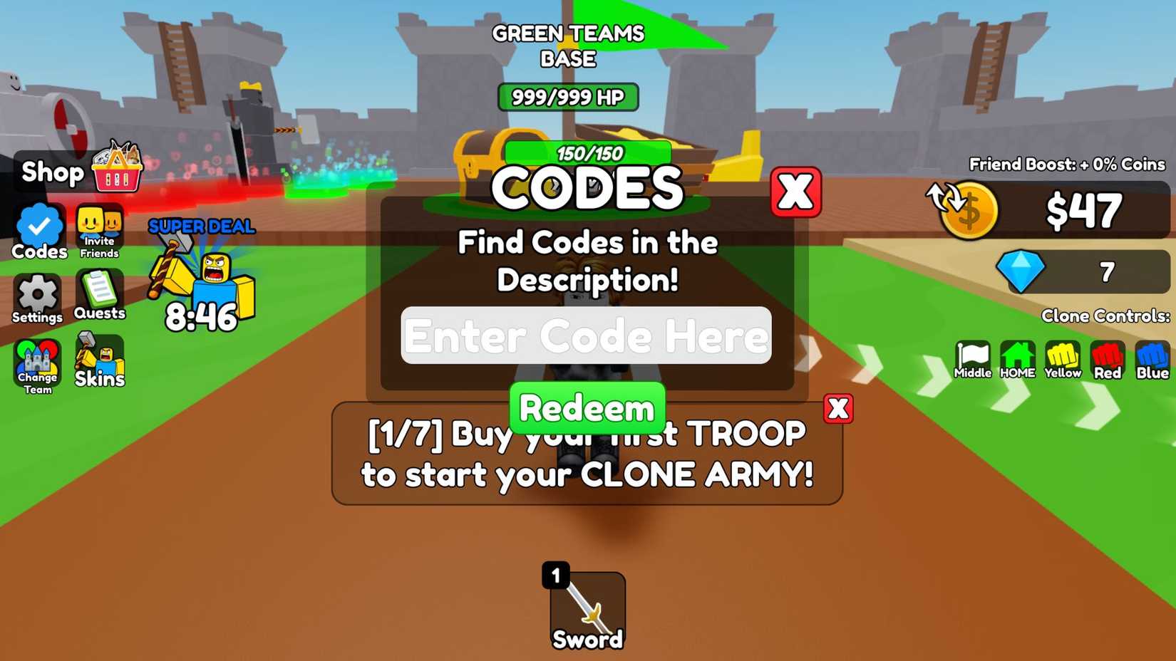 Clone Battles the codes tab