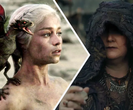 Dany with Drogon in Game of Thrones, and the Fortune Teller in A Knight of the Seven Kingdoms