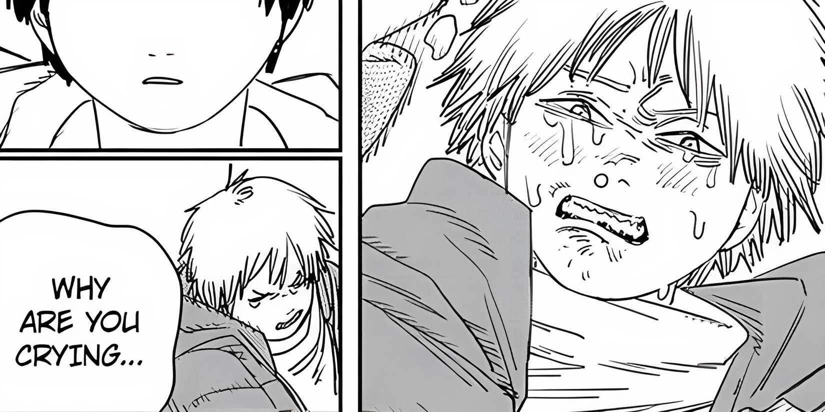 Denji cries while hitting Aki with a chainsaw.