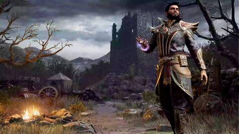Diablo 2 Resurrected Warlock near a campsite Image from Blizzard Entertainment on YouTube
