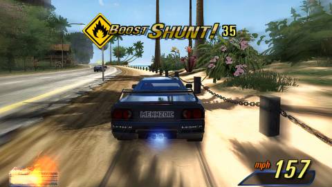 Driving a blue car in a race in Burnout 3 Takedown (2004)