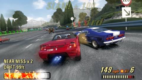 Driving a red car in a race in Burnout 3 Takedown (2004)