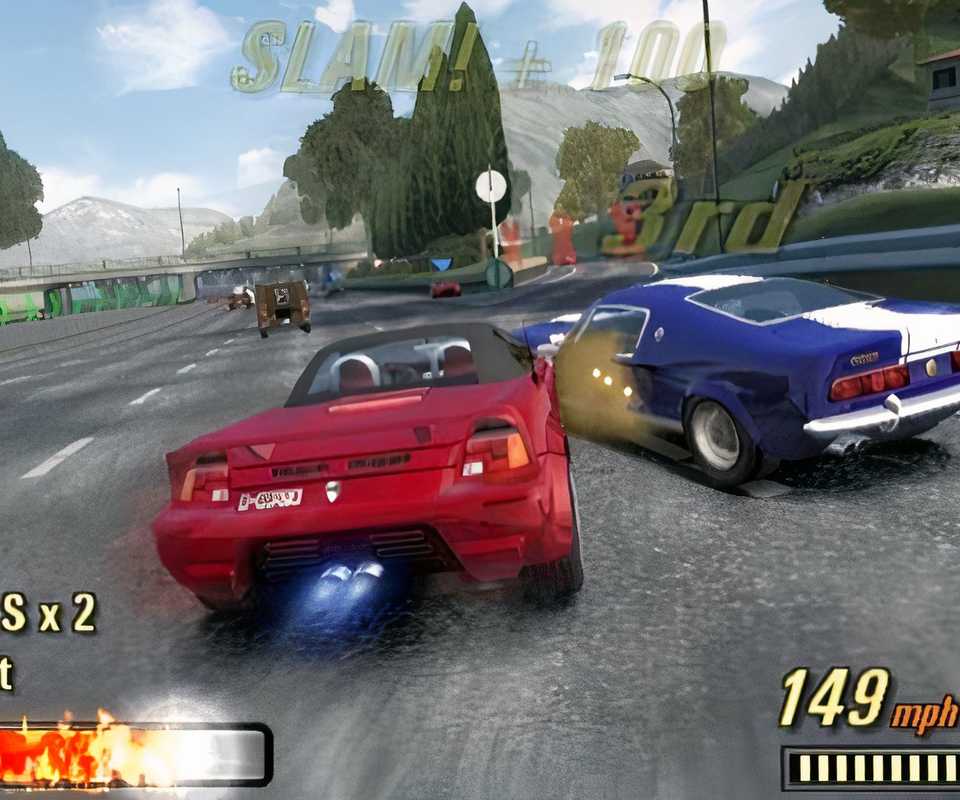Driving a red car in a race in Burnout 3 Takedown (2004)