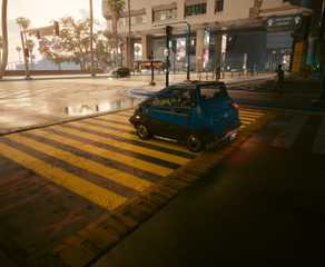 Driving a small car in Cyberpunk 2077 (2020)