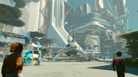 Exploring a city in Starfield (2023)