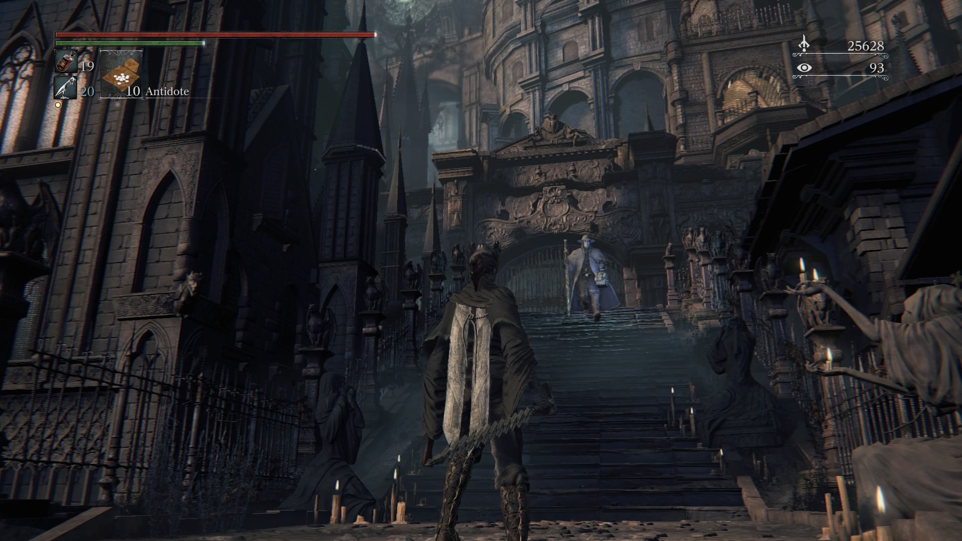 Exploring a staircase in Bloodborne (2015)