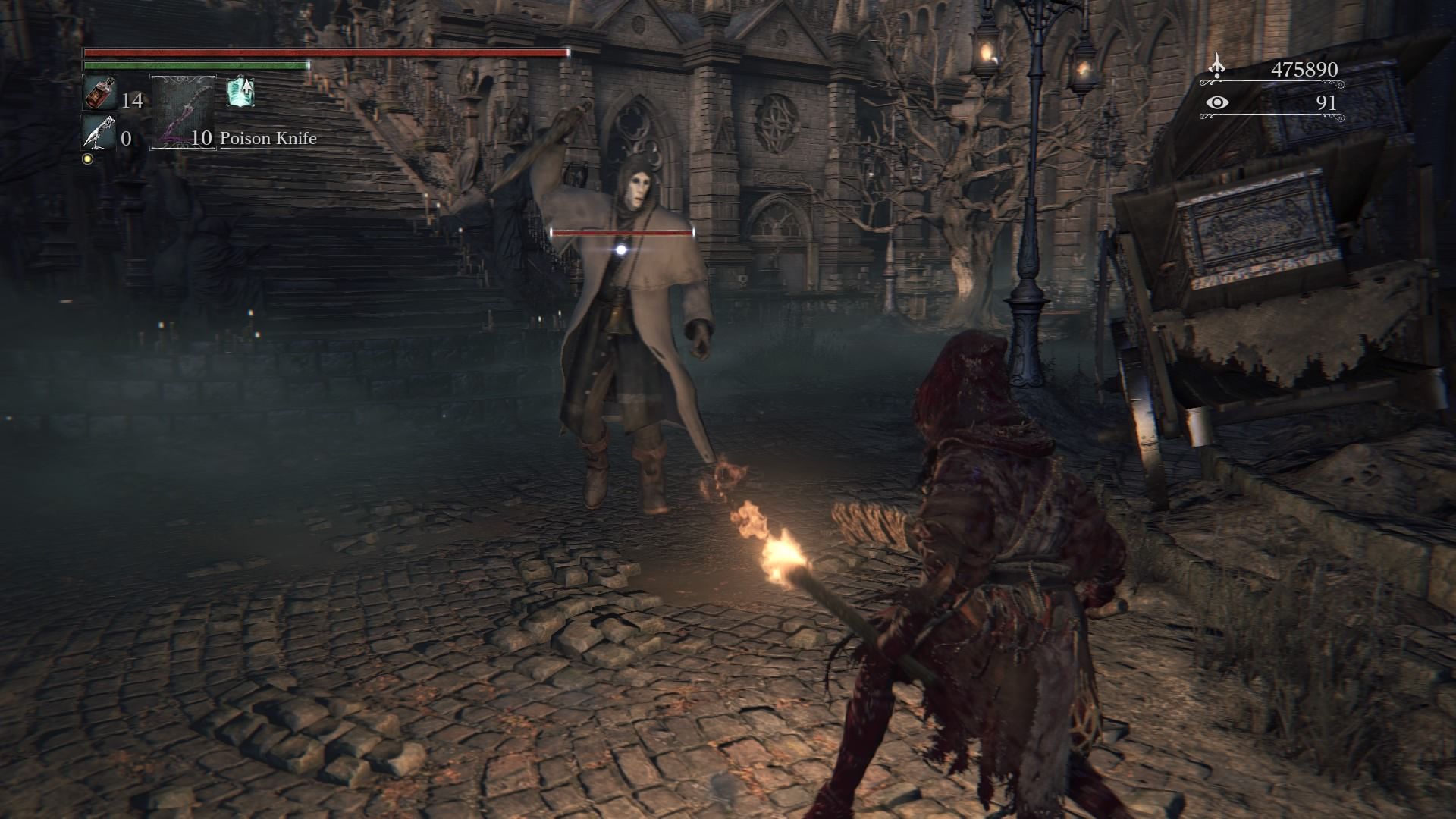 Facing an enemy in Bloodborne (2015)