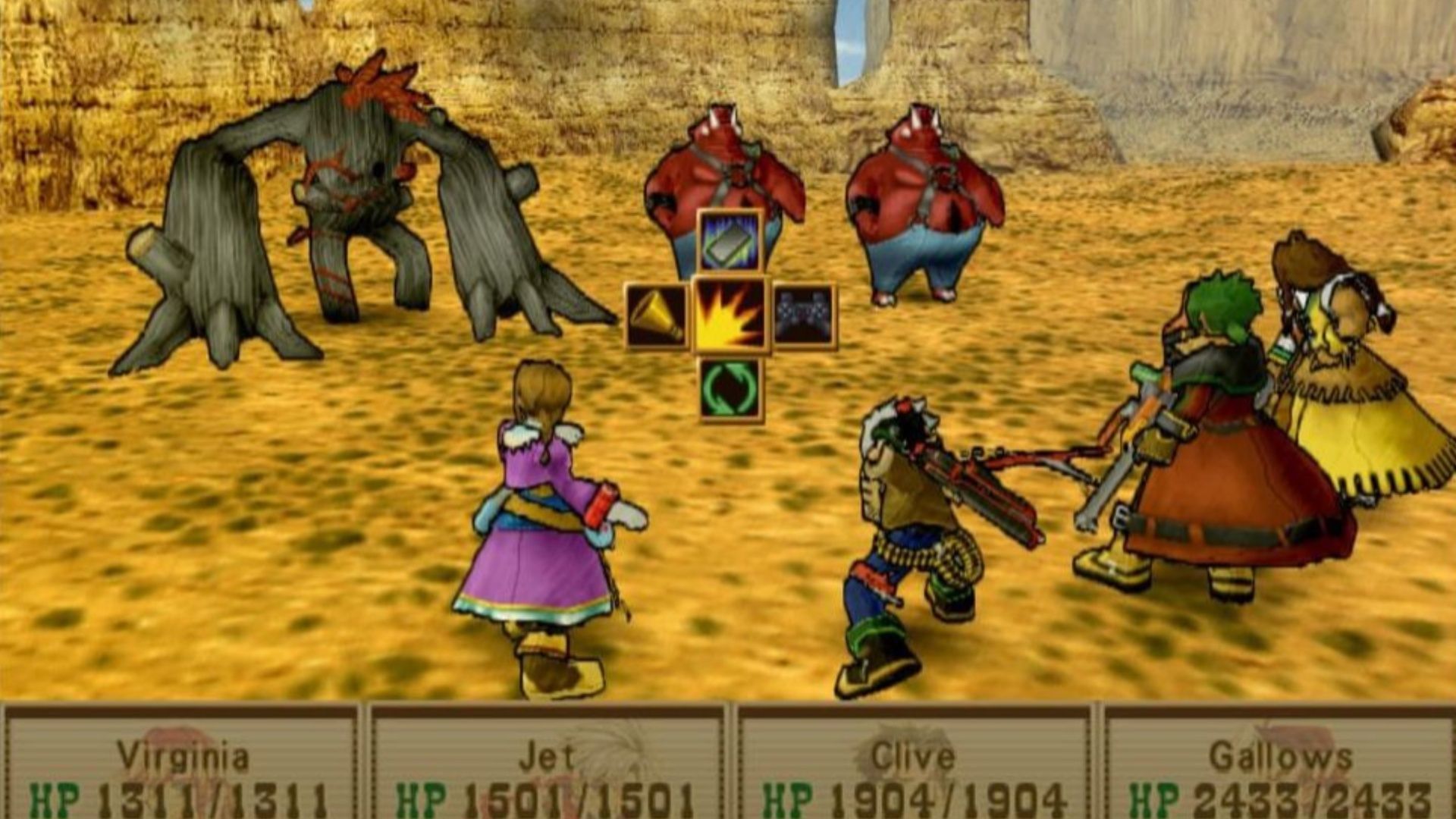 Facing enemies in battle in Wild Arms 3 (2002)