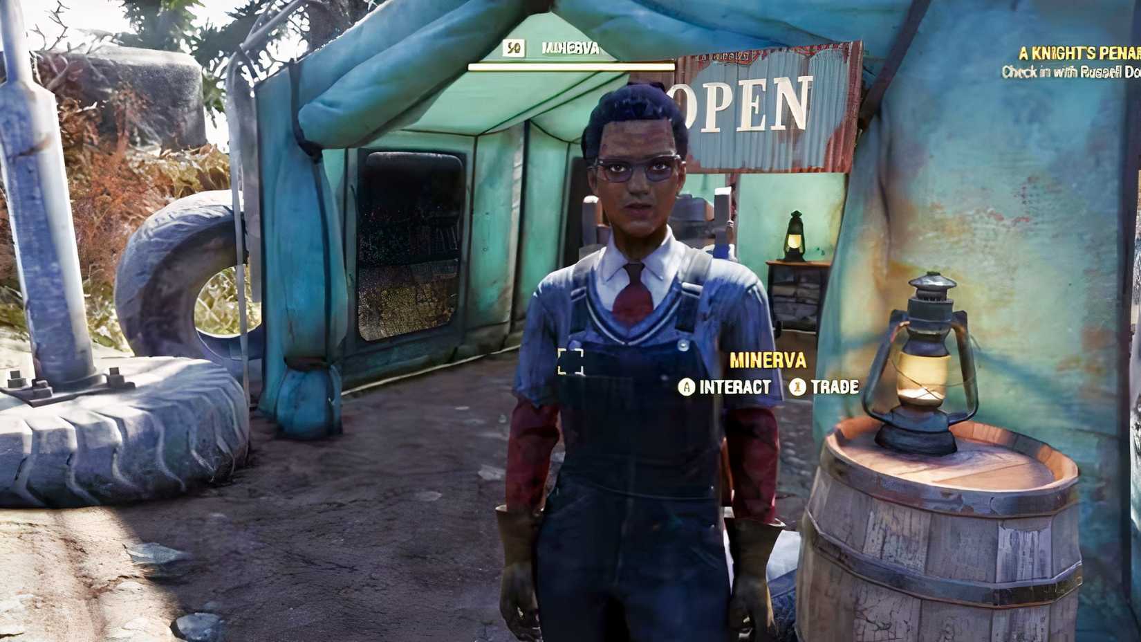 Fallout 76 Minerva gold bullion vendor standing by her tent-1