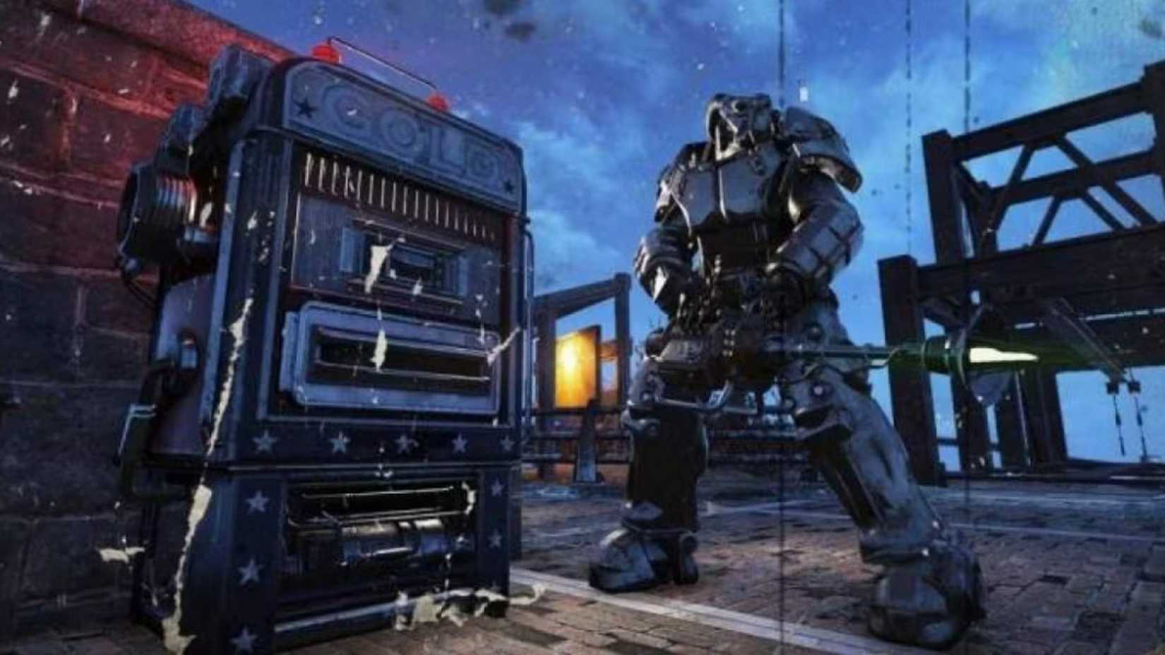 Fallout 76 Player in power armor standing next to a gold bullion vending machine-1