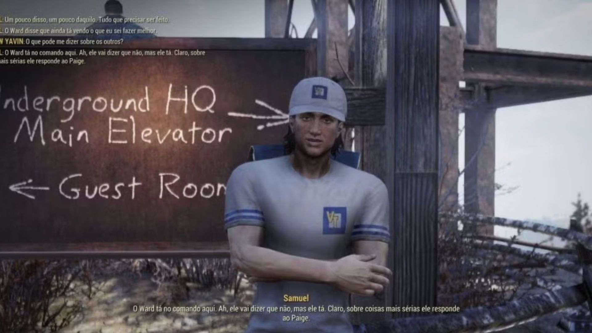 Fallout 76 Samuel gold bullion vendor leaning against sign