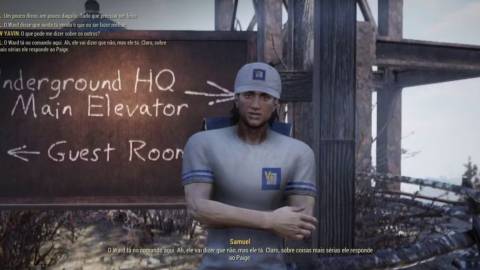 Fallout 76 Samuel gold bullion vendor leaning against sign