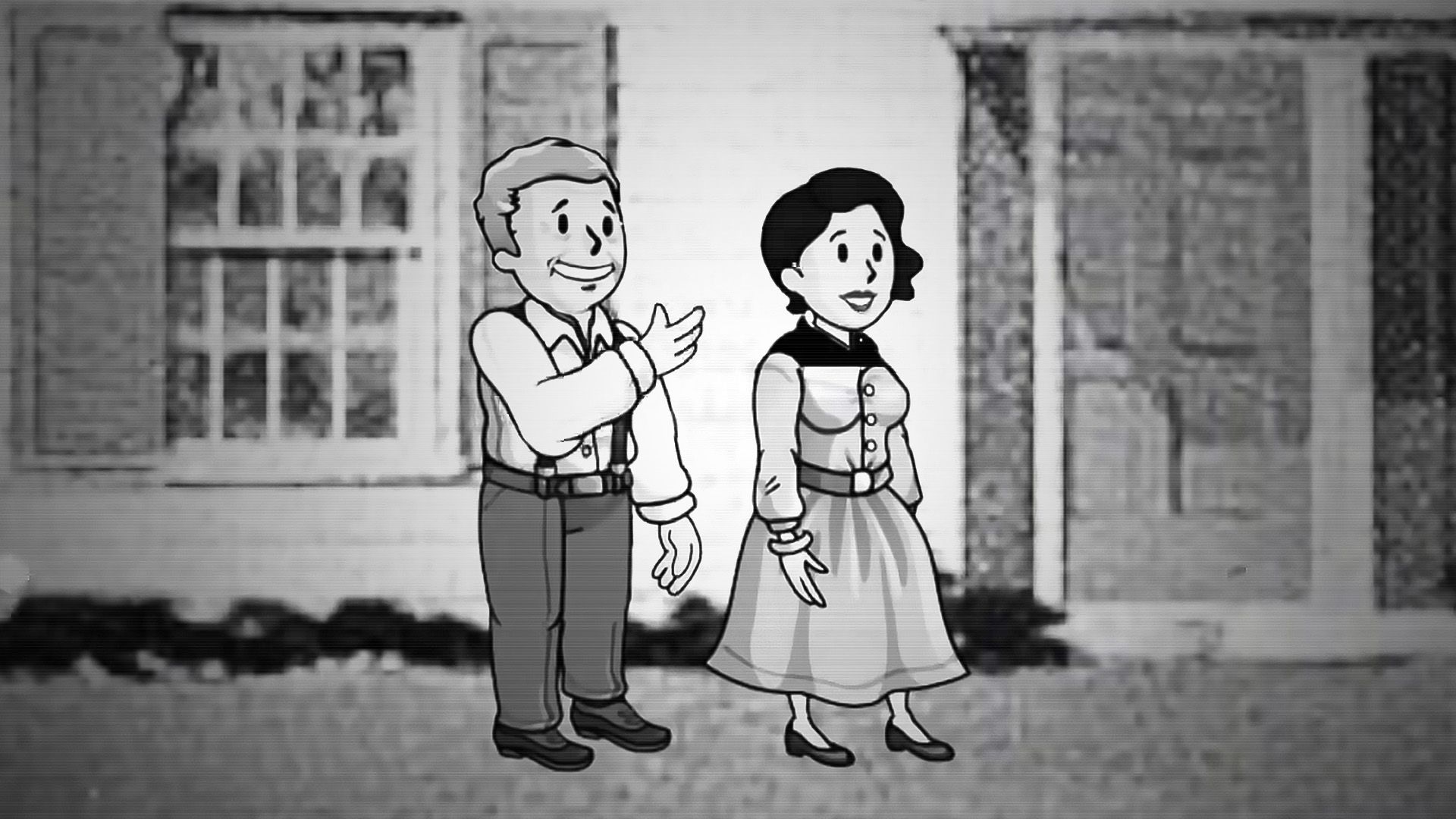 Fallout The New West Trailer 2 still frame vault boy and girl black and white
