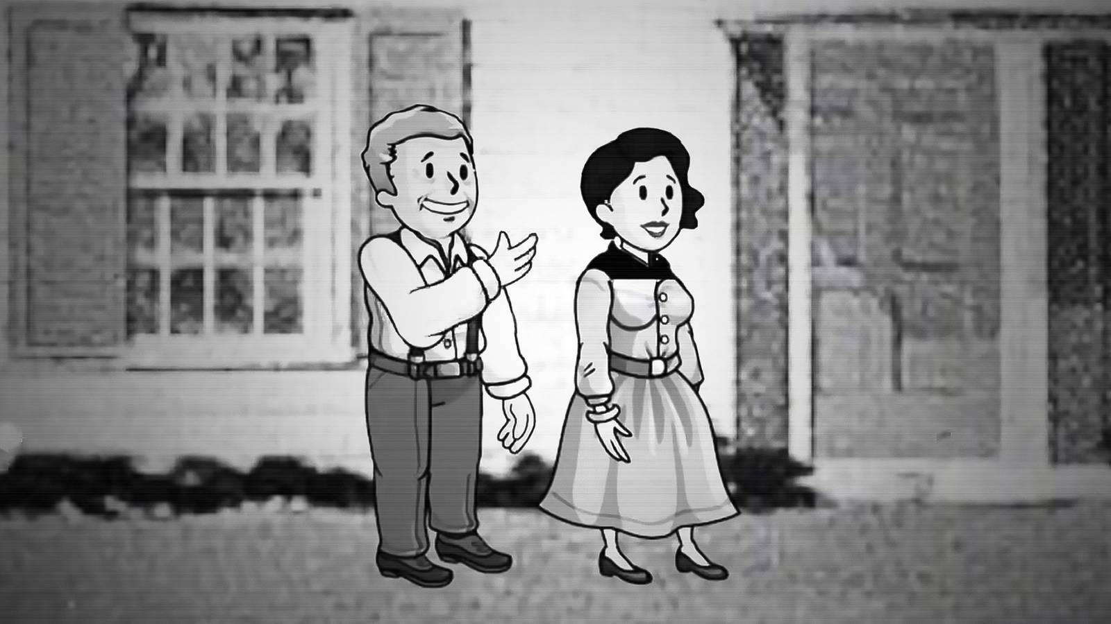 Fallout The New West Trailer 2 still frame vault boy and girl black and white