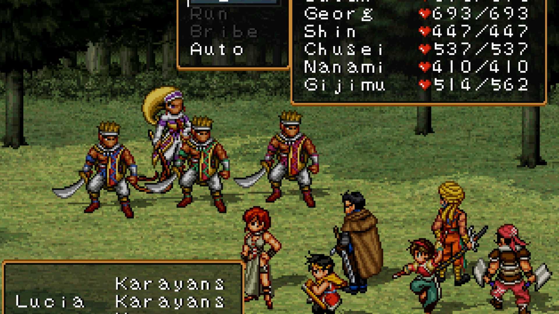 Fighting a battle against soldiers in Suikoden 2 (1999)