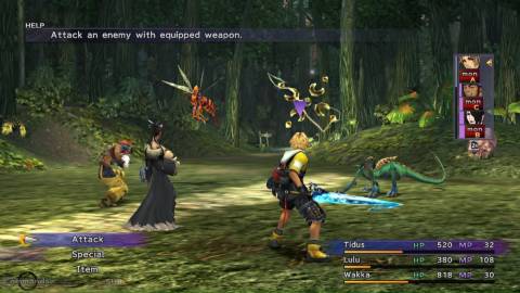 Fighting a forest battle in Final Fantasy 10 (2001)