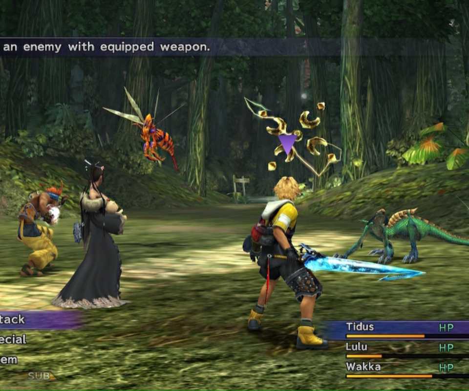 Fighting a forest battle in Final Fantasy 10 (2001)