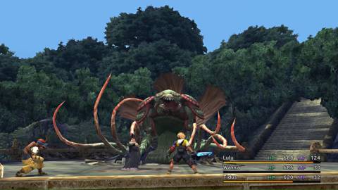 Fighting a forest boss battle in Final Fantasy 10 (2001)