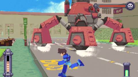 Fighting a mech boss in Mega Man Legends (1998)