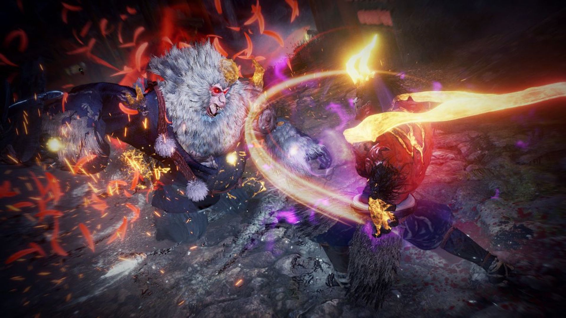 Fighting a monkey demon in Nioh 2 (2020)