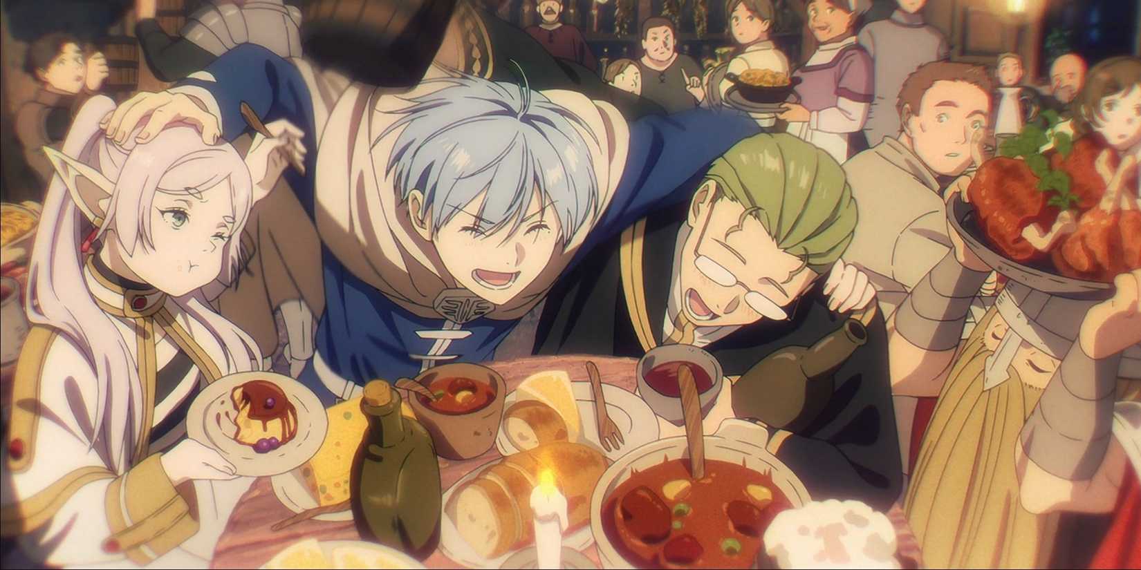 Frieren and her friends eat at a banquet.