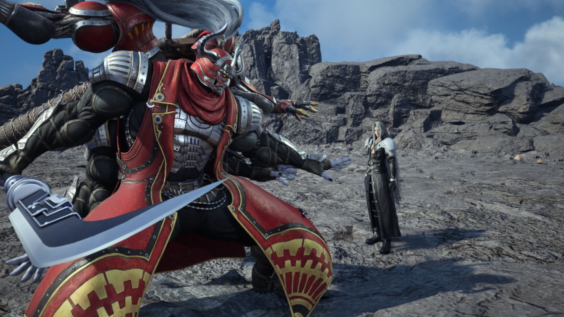 Gilgamesh facing Sephiroth in Final Fantasy 7 Rebirth