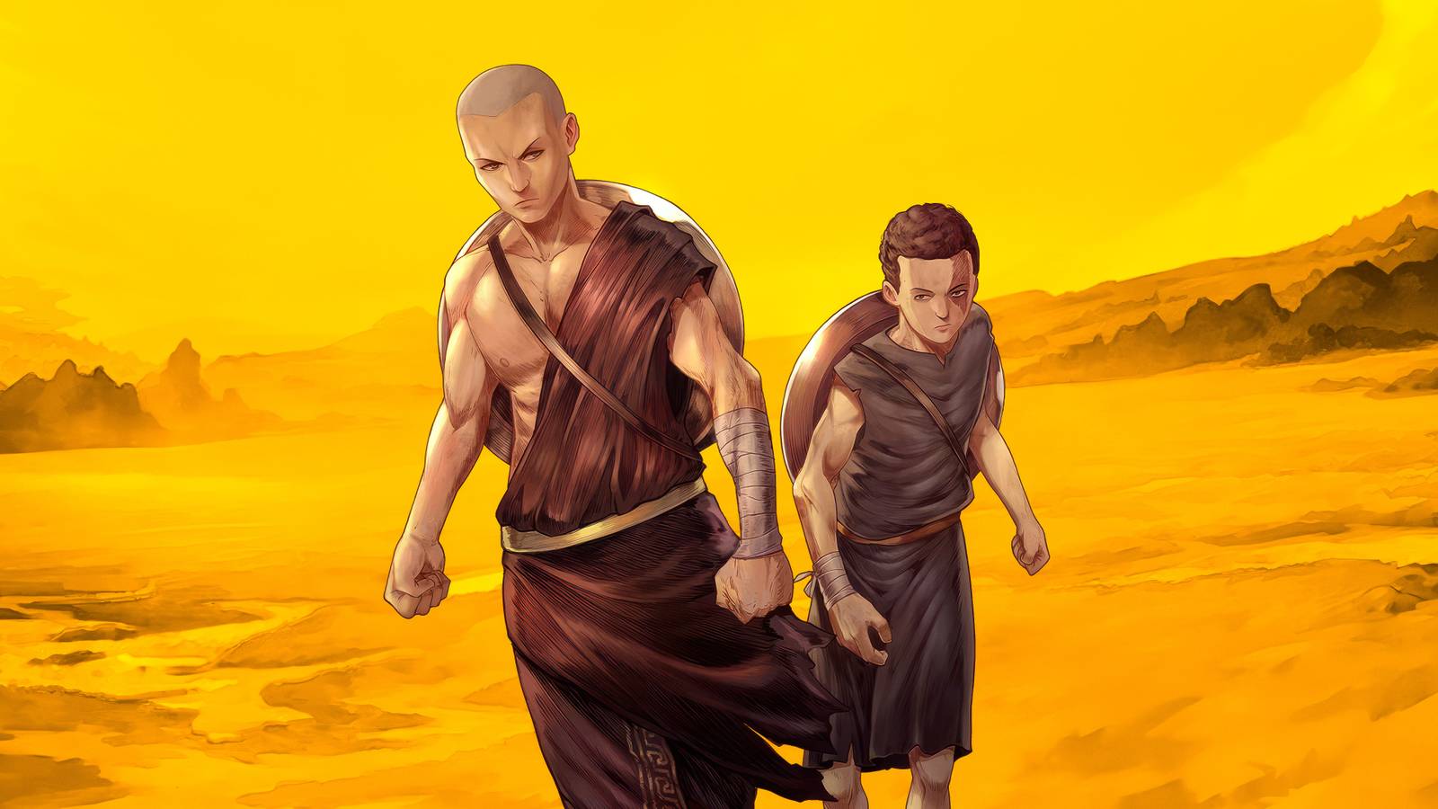 a non-descript sandy background with Kratos and Deimos taking the foreground