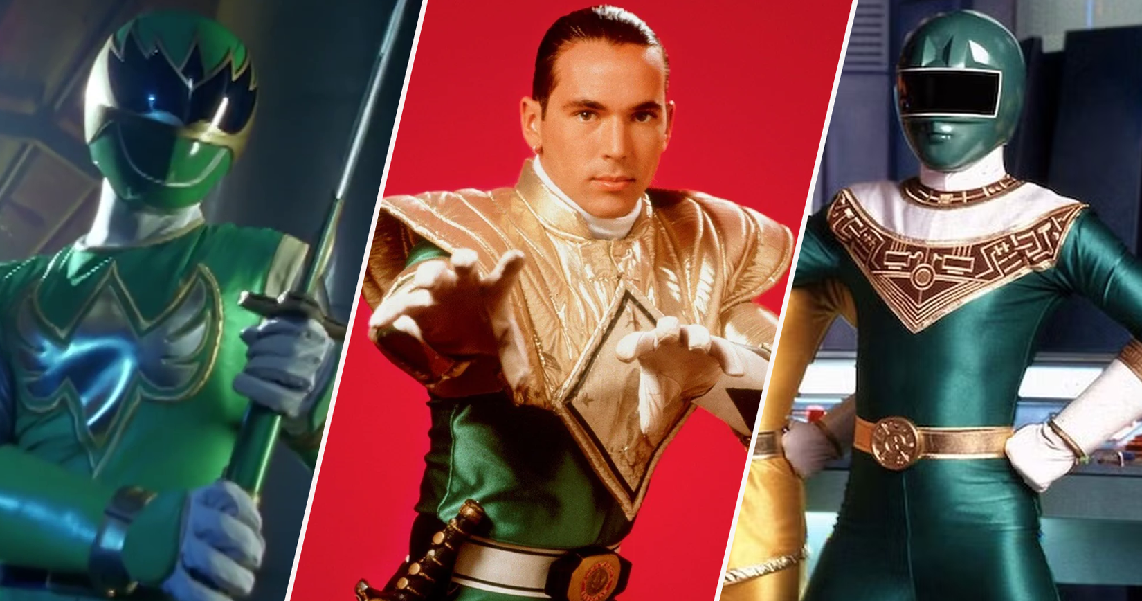 Green Ninja Storm Ranger, Tommy Oliver as Green Ranger, and Green Geo Ranger in Power Rangers