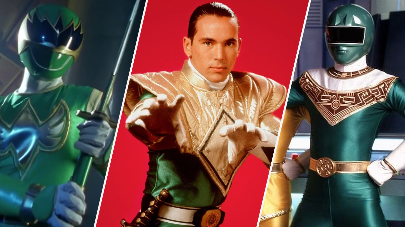 Green Ninja Storm Ranger, Tommy Oliver as the Green Ranger, and Green Zeo Ranger in Power Rangers