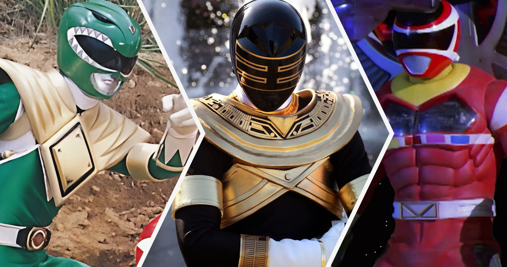 Green Ranger, Gold Ranger, and Red Ranger in Space with Battlizier
