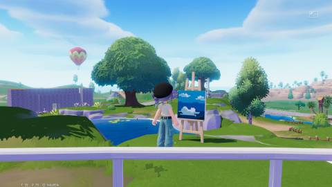 A Heartopia player painting above a lake