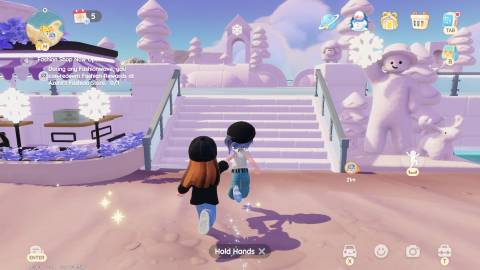 A player holding hands with a friend while running to the ice rink in Heartopia