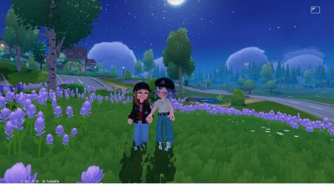 Two friends performing the Hand Holding action in Heartopia