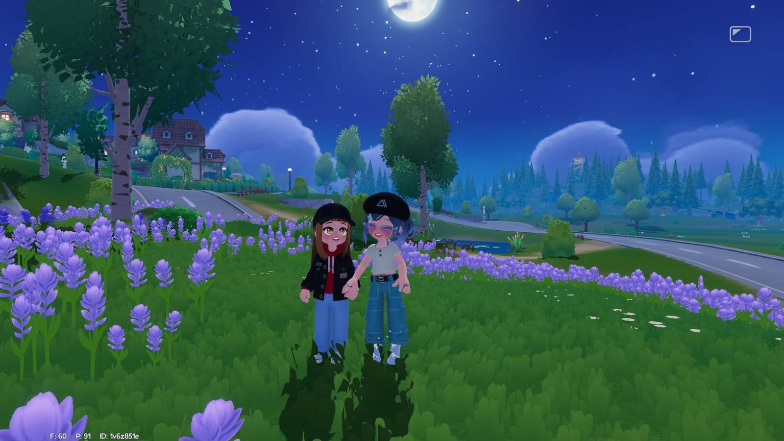 Two friends performing the Hand Holding action in Heartopia