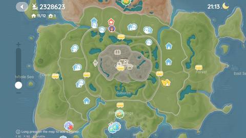 A Heartopia map with of friend's town with their special home and player icon