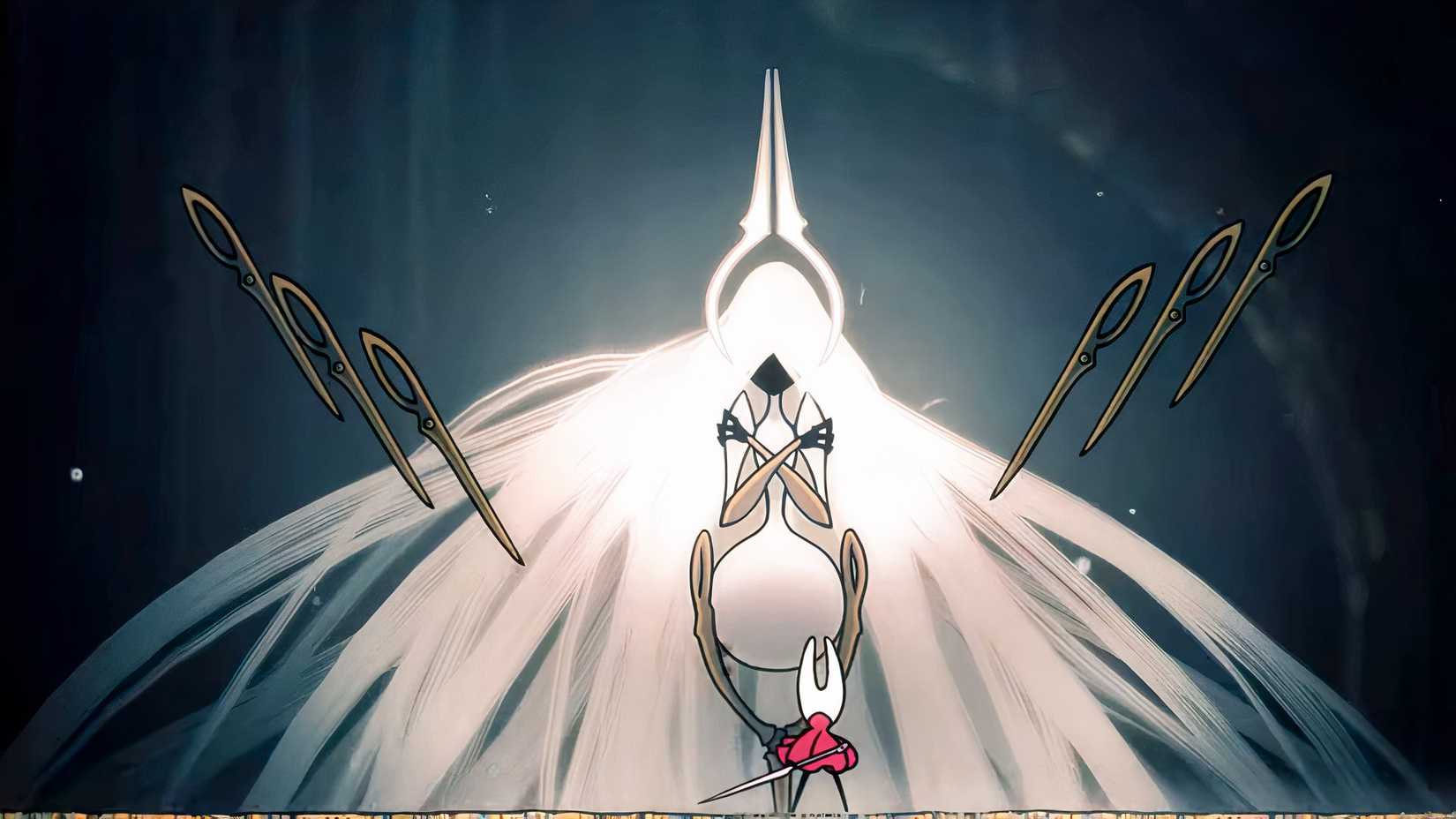 Hornet facing down Grand Mother Silk in Hollow Knight: Silksong