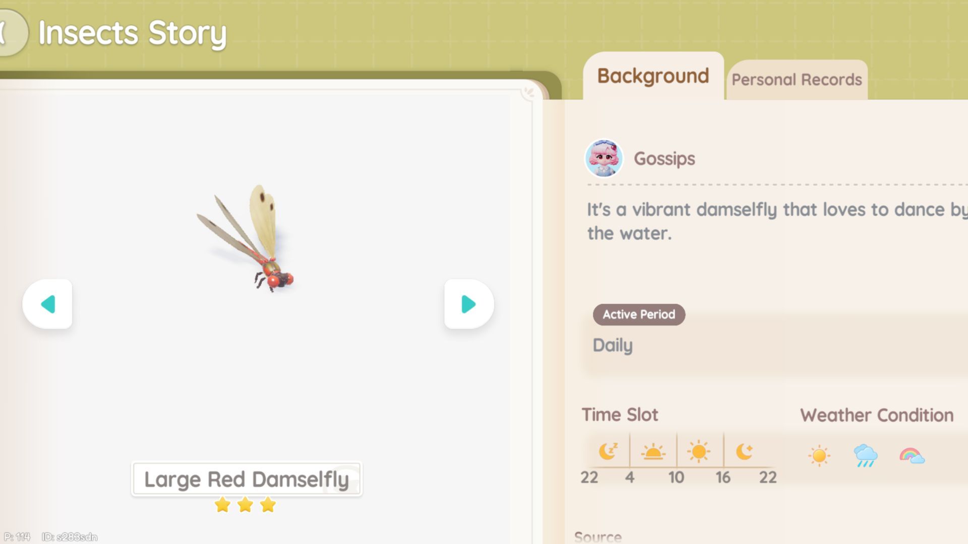 A player character in Heartopia using a bubble net to catch a Large Red Damselfly near a river.