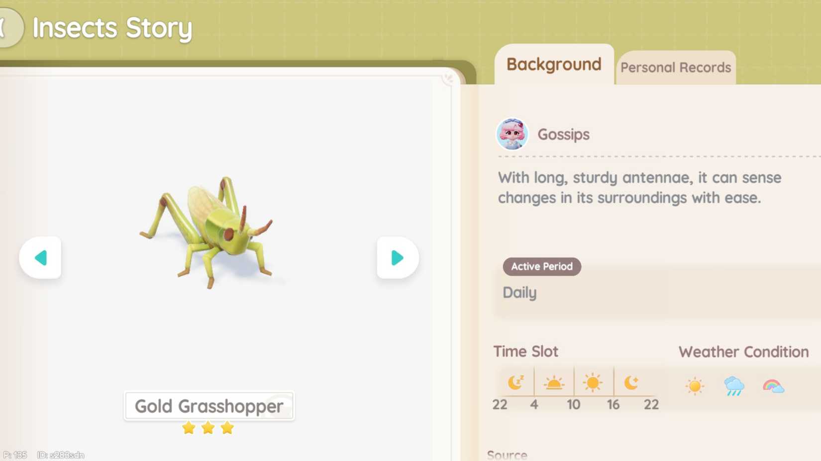 A Heartopia player in stealth mode, aiming their bubble net at a Gold Grasshopper perched on a rock, illustrating the precise capture technique.