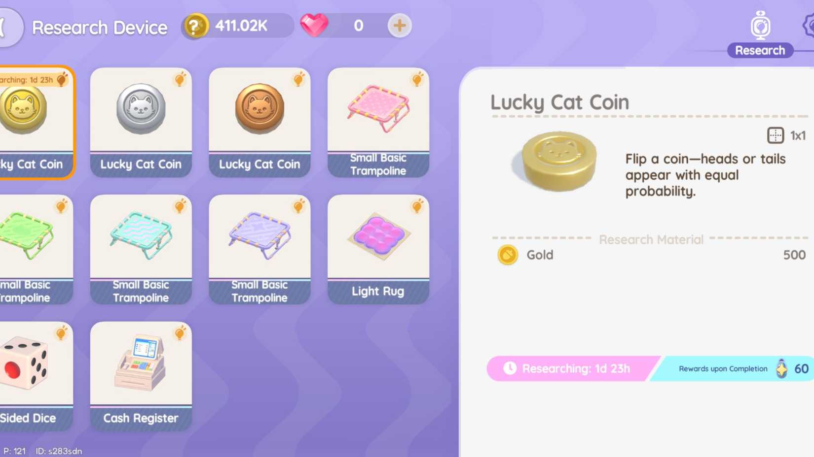 A player character interacting with the Research Device menu inside the Heartopia Research Lab, displaying various items available for research.