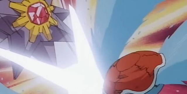 Ash's Squirtle uses Hydro Pump on the opposing Starmie while inside its shell.